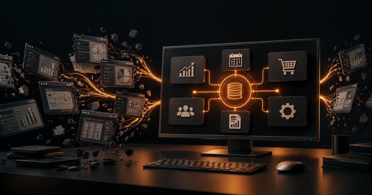 A connected website replacing a fragmented stack of rented software tools, in the Search Experts dark brand style.